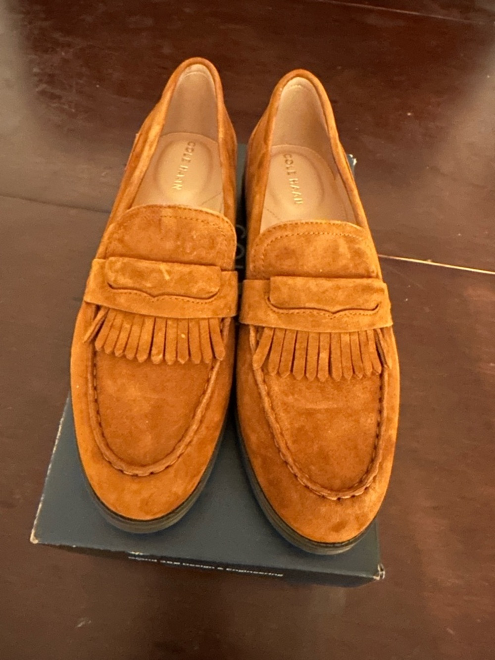 Cole Haan Tan Suede Kiltie Penny Loafers